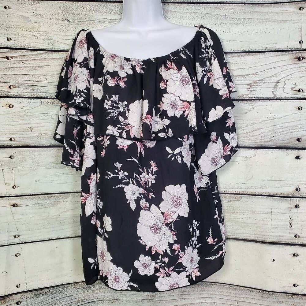 Adora Black Pink Floral Off Shoulder Blouse M Ruffle Sleeve Boho Top